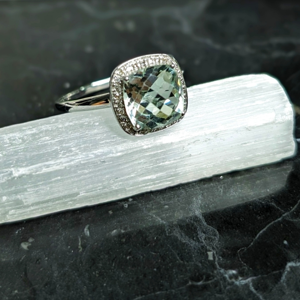 14k White Gold, Green Amethyst & Diamond Ring (Size 11)